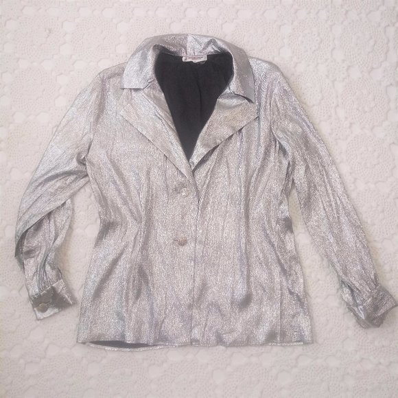 Saint Laurent Tops - Vtg YSL Rive Gauche Silver Blouse Notch Collar GUC